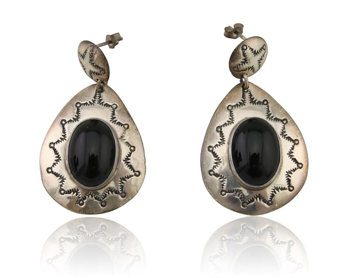 Navajo Handmade Earrings 925 Silver Onyx Artist Douglas Etsitty C.80's