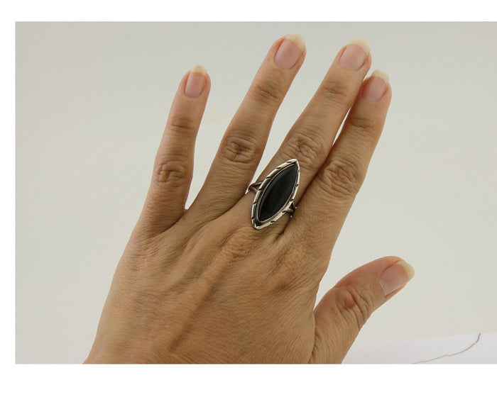 Navajo Handmade Ring 925 Silver Black Onyx Artist Signed J #10 C.80's