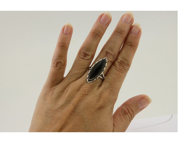 Navajo Handmade Ring 925 Silver Black Onyx Artist Signed M #10 C.80's
