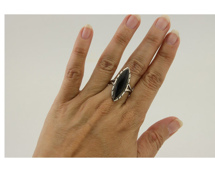 Navajo Handmade Ring 925 Silver Black Onyx Artist Signed M #14 C.80's