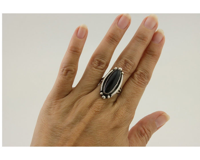 Navajo Handmade Ring 925 Silver Black Onyx Artist Signed SC C.80's