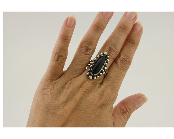 Navajo Handmade Ring 925 Silver Black Onyx Artist Signed SC C.80's