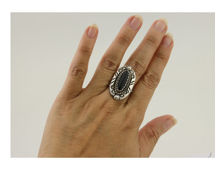 Navajo Handmade Ring 925 Silver Black Onyx Artist Signed V & N Edsitty C.80's