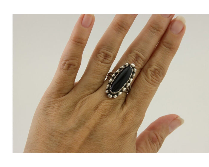 Navajo Handmade Ring 925 Silver Black Onyx Native American Artist C.80's