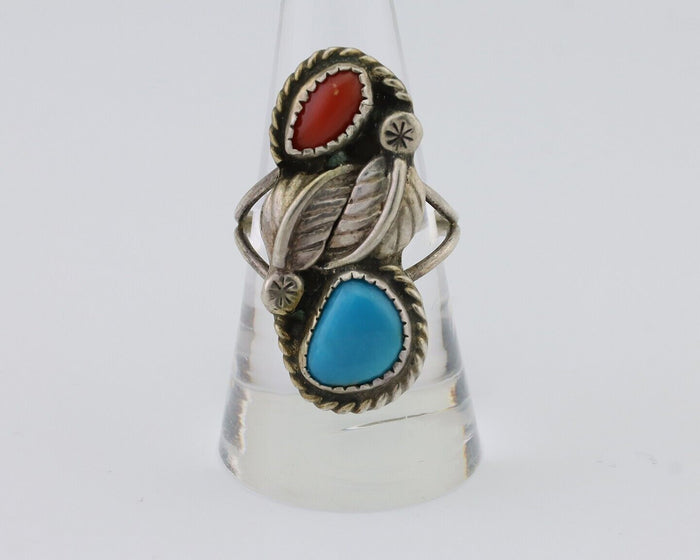 Navajo Handmade Ring 925 Silver Blue Turquoise & Coral Size 8.75 C.80's