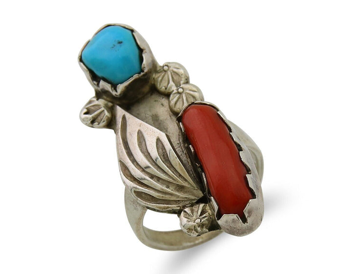Navajo Handmade Ring 925 Silver Coral & Turquoise Native Artist C.80's