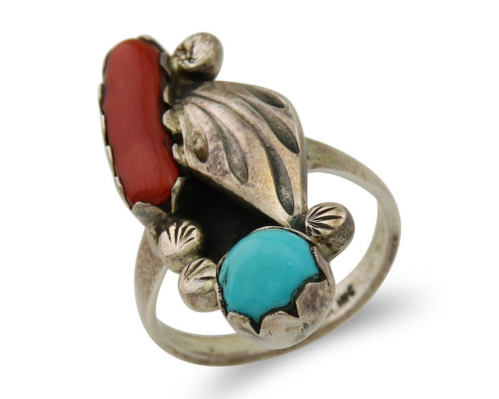 Navajo Handmade Ring 925 Silver Coral & Turquoise Native Artist C.80's