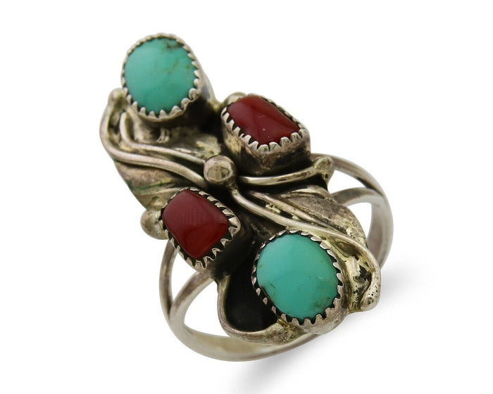 Navajo Handmade Ring 925 Silver Coral & Turquoise Native Artist C.80's