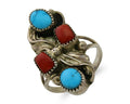 Navajo Handmade Ring 925 Silver Coral & Turquoise Native Artist C.80's