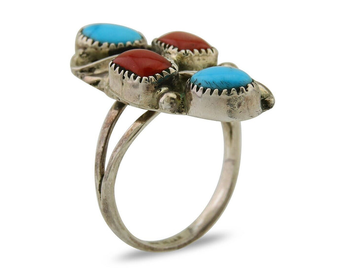 Navajo Handmade Ring 925 Silver Coral & Turquoise Native Artist C.80's