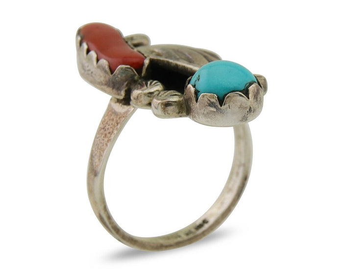Navajo Handmade Ring 925 Silver Coral & Turquoise Native Artist C.80's