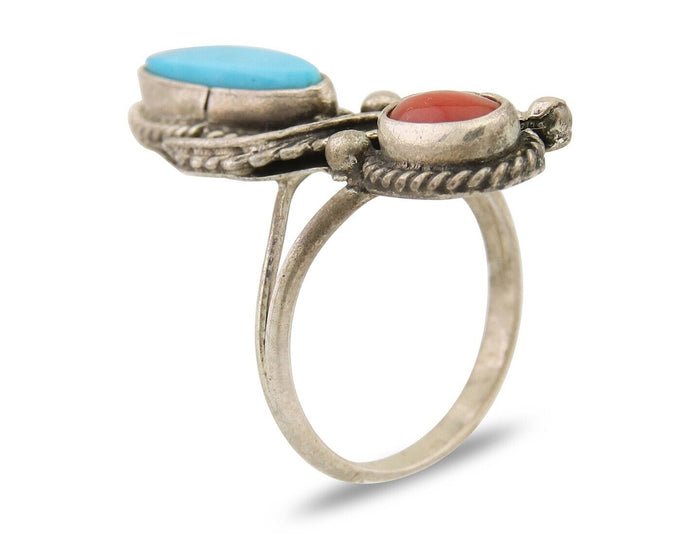 Navajo Handmade Ring 925 Silver Coral & Turquoise Native Artist C.80's