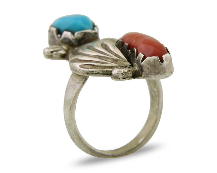 Navajo Handmade Ring 925 Silver Coral & Turquoise Native Artist C.80's