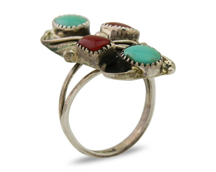 Navajo Handmade Ring 925 Silver Coral & Turquoise Native Artist C.80's