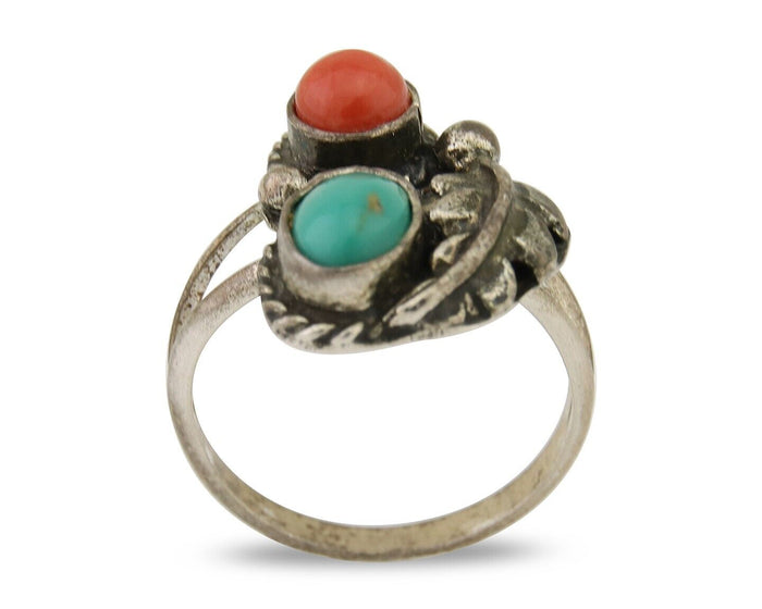 Navajo Handmade Ring 925 Silver Coral & Turquoise Native Artist C.80's