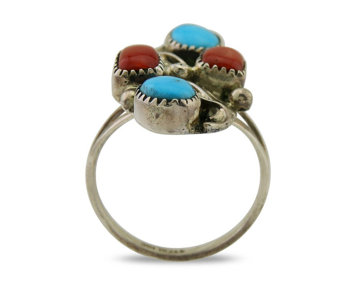 Navajo Handmade Ring 925 Silver Coral & Turquoise Native Artist C.80's