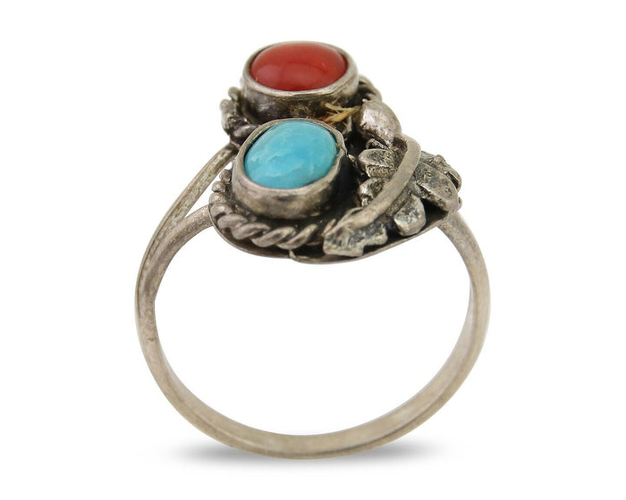 Navajo Handmade Ring 925 Silver Coral & Turquoise Native Artist C.80's