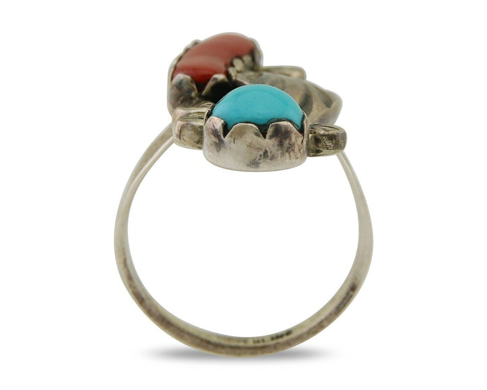 Navajo Handmade Ring 925 Silver Coral & Turquoise Native Artist C.80's