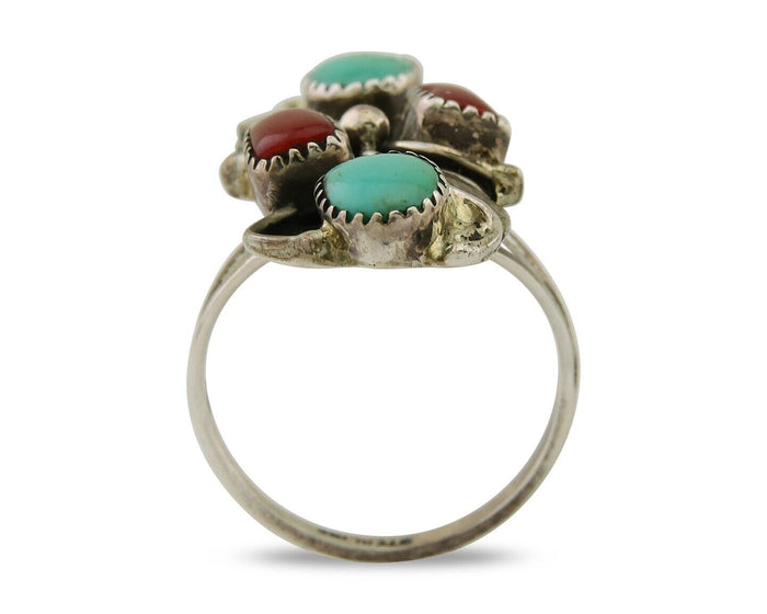 Navajo Handmade Ring 925 Silver Coral & Turquoise Native Artist C.80's