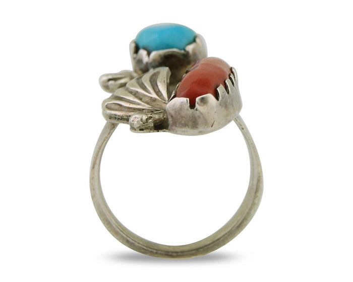 Navajo Handmade Ring 925 Silver Coral & Turquoise Native Artist C.80's