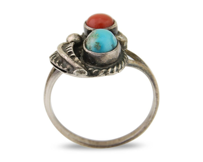 Navajo Handmade Ring 925 Silver Coral & Turquoise Native Artist C.80's
