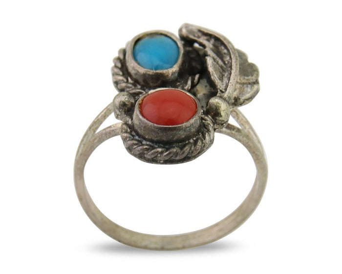Navajo Handmade Ring 925 Silver Coral & Turquoise Native Artist C.80's