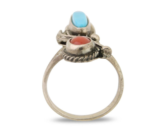 Navajo Handmade Ring 925 Silver Coral & Turquoise Native Artist C.80's