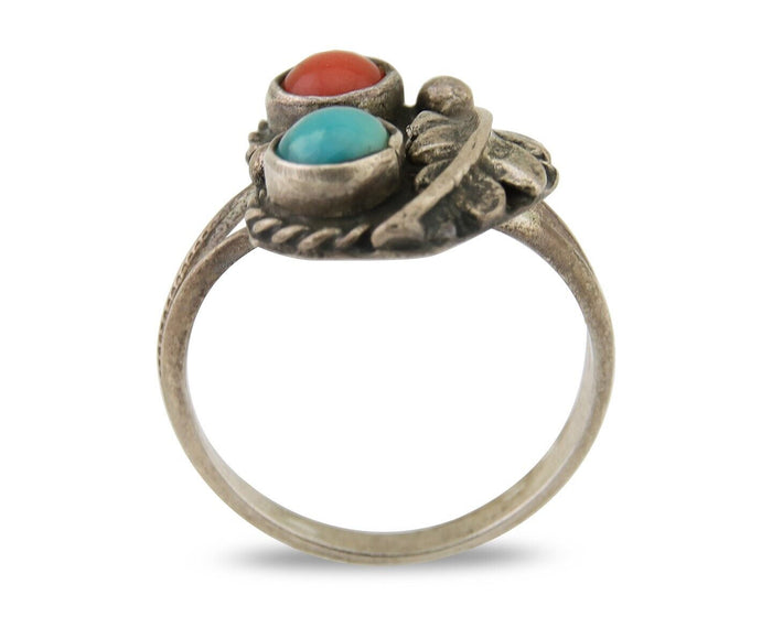 Navajo Handmade Ring 925 Silver Coral & Turquoise Native Artist C.80's