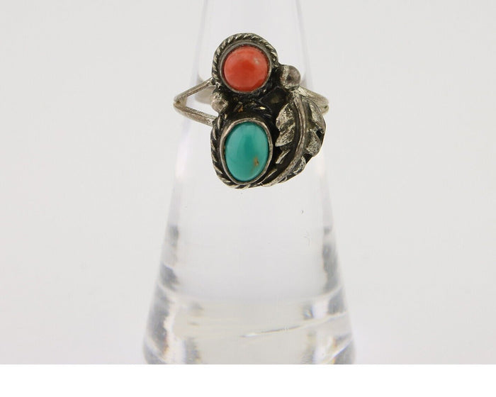 Navajo Handmade Ring 925 Silver Coral & Turquoise Native Artist C.80's