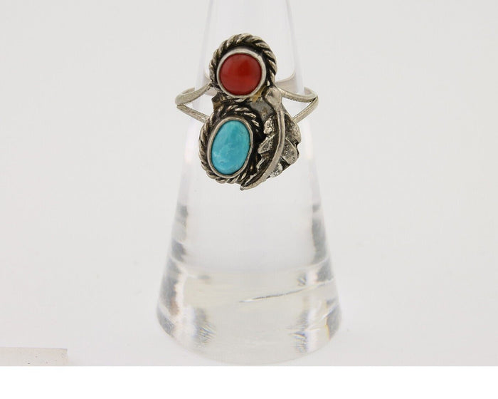 Navajo Handmade Ring 925 Silver Coral & Turquoise Native Artist C.80's