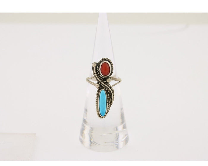 Navajo Handmade Ring 925 Silver Coral & Turquoise Native Artist C.80's