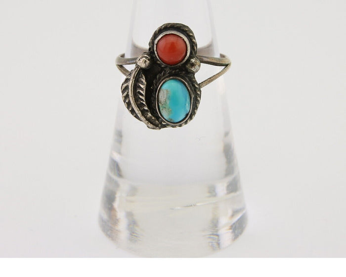 Navajo Handmade Ring 925 Silver Coral & Turquoise Native Artist C.80's