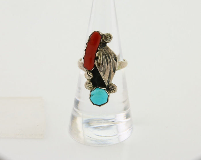Navajo Handmade Ring 925 Silver Coral & Turquoise Native Artist C.80's
