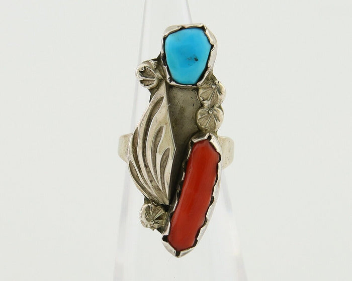 Navajo Handmade Ring 925 Silver Coral & Turquoise Native Artist C.80's