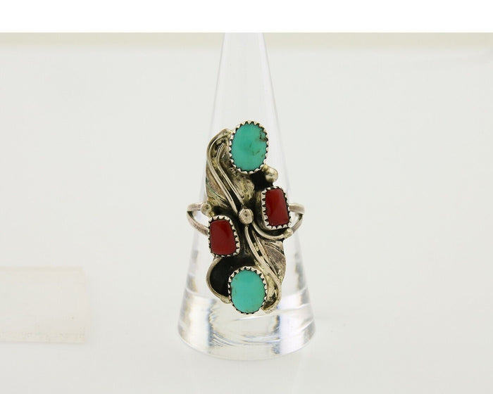 Navajo Handmade Ring 925 Silver Coral & Turquoise Native Artist C.80's