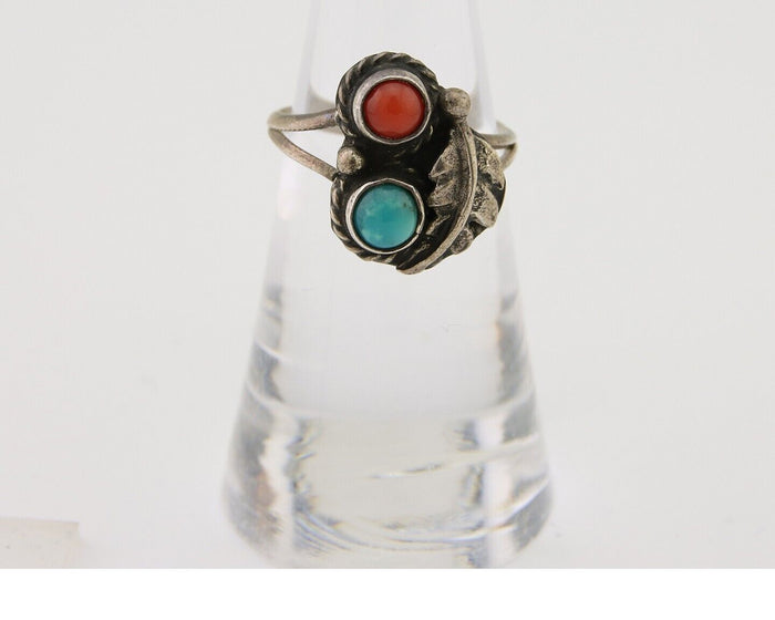 Navajo Handmade Ring 925 Silver Coral & Turquoise Native Artist C.80's