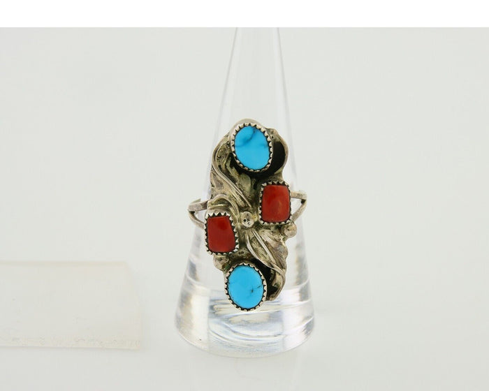 Navajo Handmade Ring 925 Silver Coral & Turquoise Native Artist C.80's