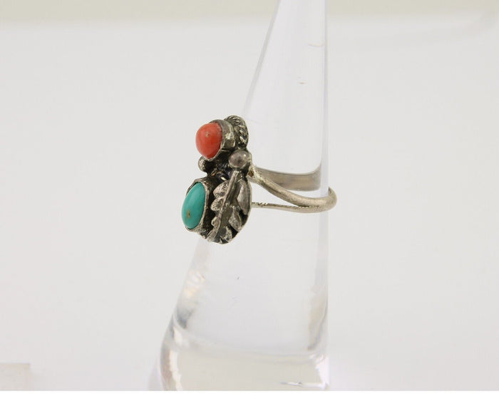 Navajo Handmade Ring 925 Silver Coral & Turquoise Native Artist C.80's