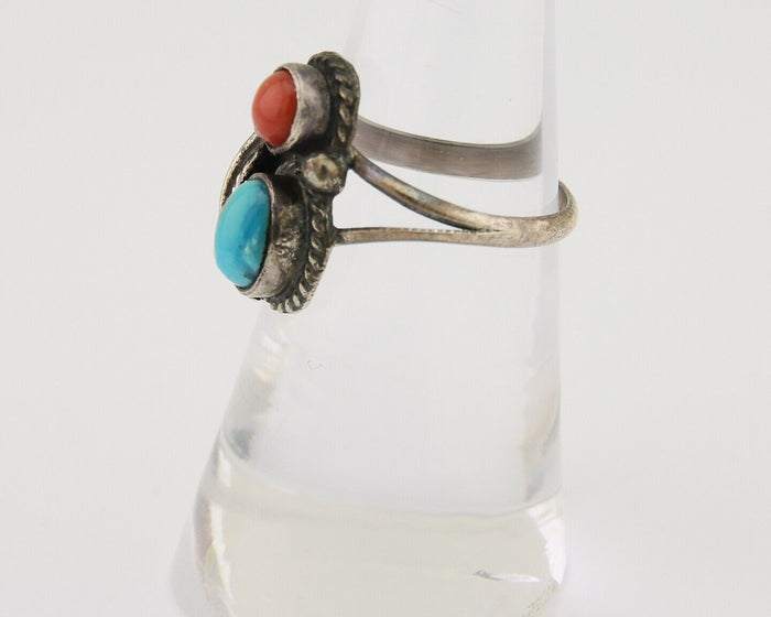 Navajo Handmade Ring 925 Silver Coral & Turquoise Native Artist C.80's