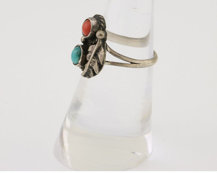 Navajo Handmade Ring 925 Silver Coral & Turquoise Native Artist C.80's
