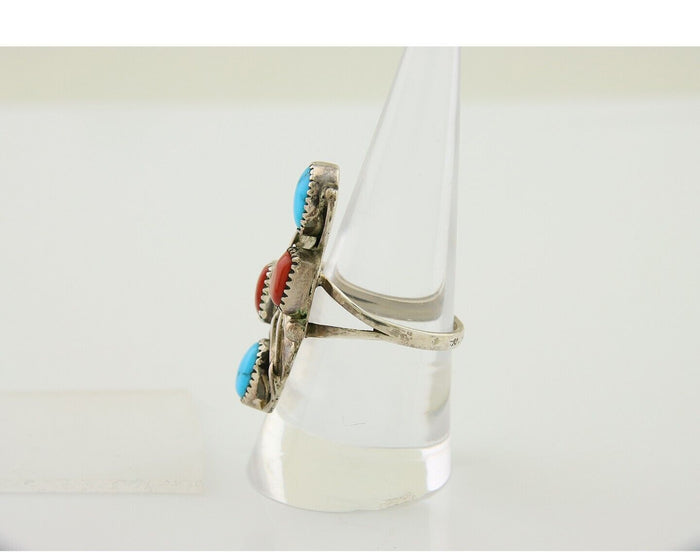 Navajo Handmade Ring 925 Silver Coral & Turquoise Native Artist C.80's