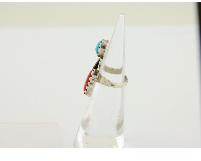 Navajo Handmade Ring 925 Silver Coral & Turquoise Native Artist C.80's