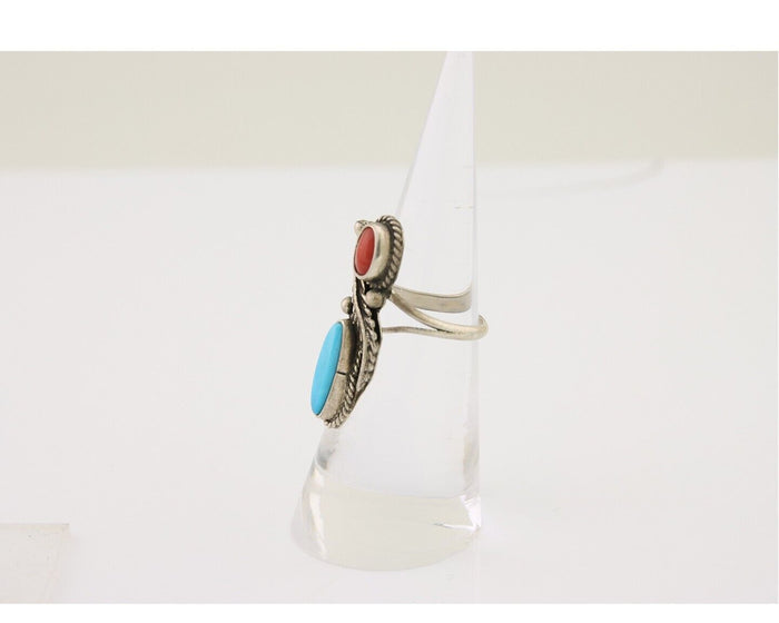 Navajo Handmade Ring 925 Silver Coral & Turquoise Native Artist C.80's
