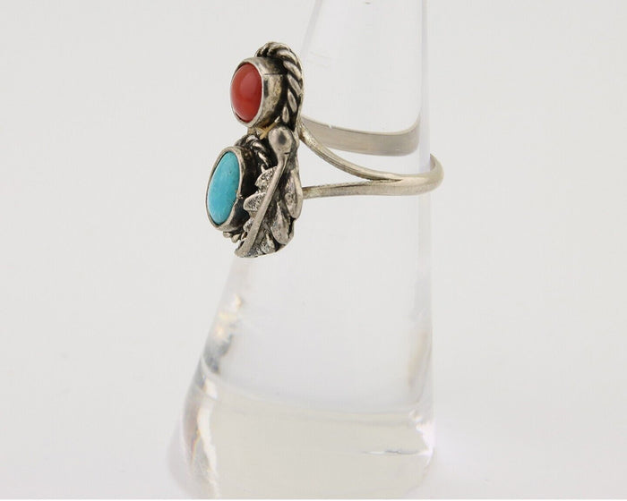 Navajo Handmade Ring 925 Silver Coral & Turquoise Native Artist C.80's