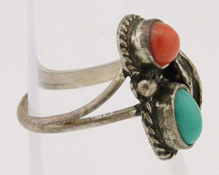 Navajo Handmade Ring 925 Silver Coral & Turquoise Native Artist C.80's