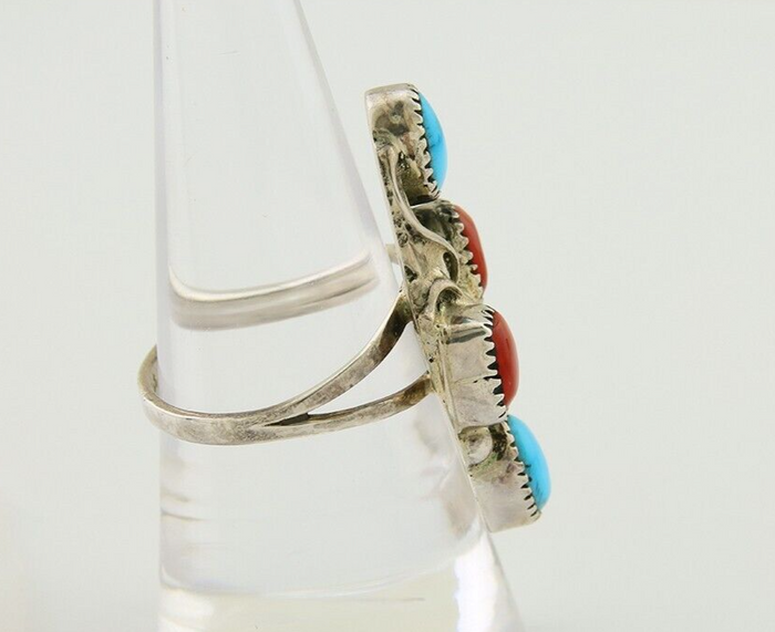 Navajo Handmade Ring 925 Silver Coral & Turquoise Native Artist C.80's