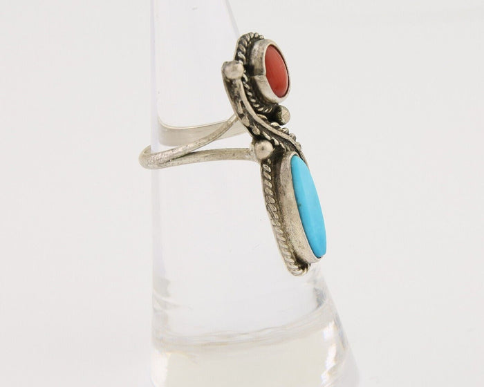 Navajo Handmade Ring 925 Silver Coral & Turquoise Native Artist C.80's