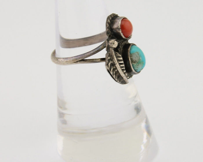 Navajo Handmade Ring 925 Silver Coral & Turquoise Native Artist C.80's