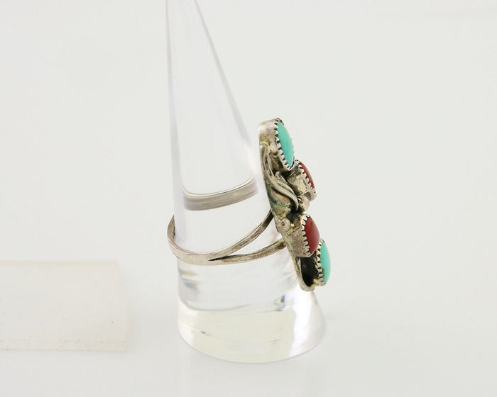 Navajo Handmade Ring 925 Silver Coral & Turquoise Native Artist C.80's