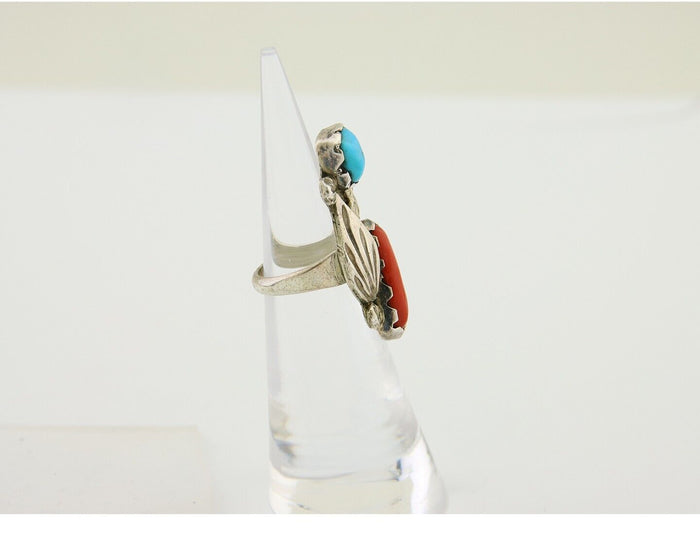 Navajo Handmade Ring 925 Silver Coral & Turquoise Native Artist C.80's